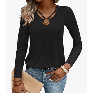 Womens Long Sleeve Shirts Fall 2025 Sexy Tops Ribbed Knit Cut Out Ring Keyhole Neck Casual Tees, XL