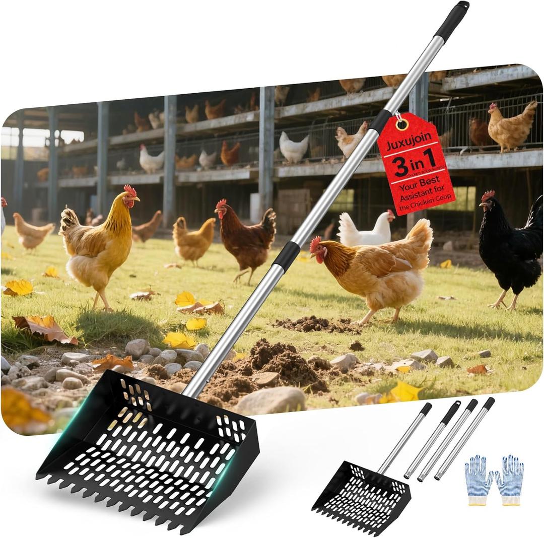 Chicken Poop Scooper for Sand,Coop Scoop 3 IN 1 Rake FunctionFine Sieve HolesAdjustable Stainless handle 24 to 68"Metal Cat Litter Scoop, No Hole Shovel Side Scooper Chicken Poop Scooper for Sand