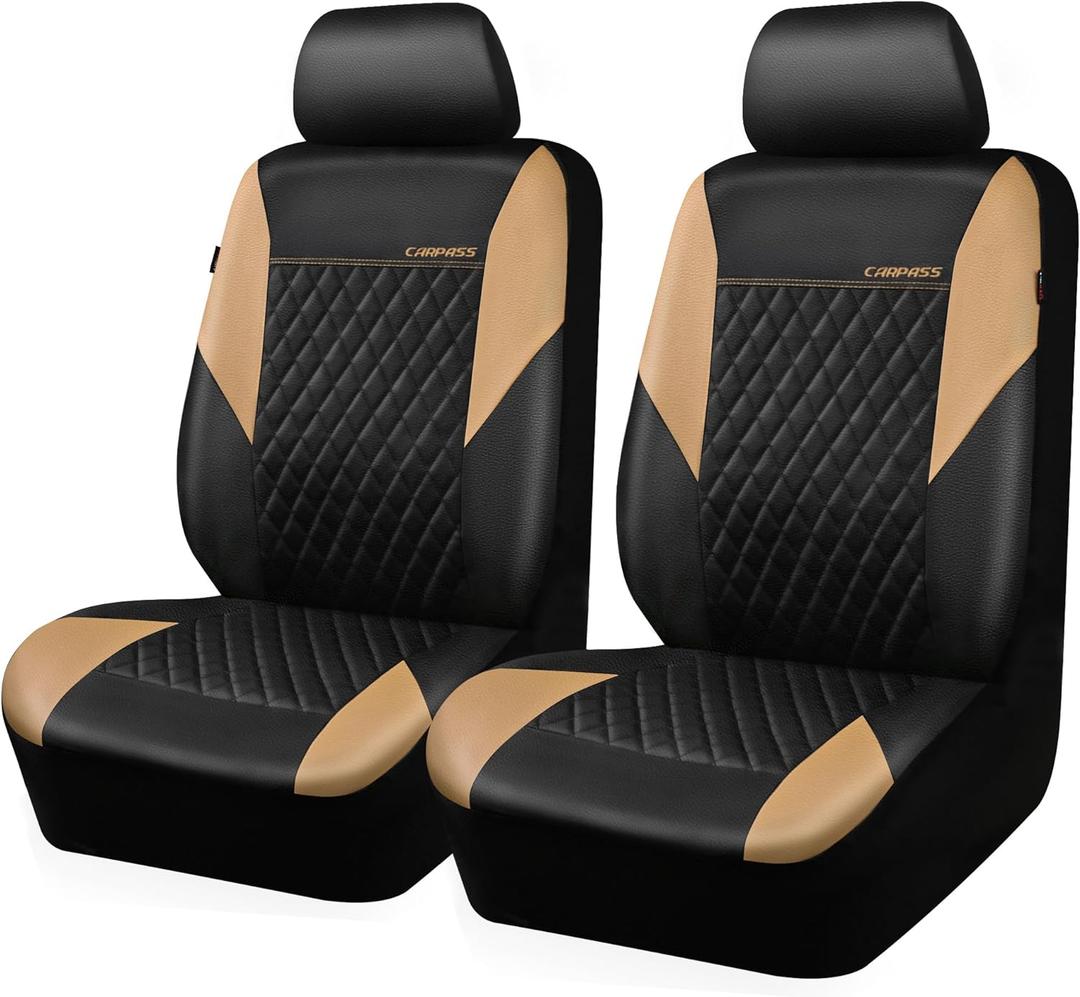 CAR PASS Quilting Leather Front Seat Covers, Automotive Waterproof Deluxe PU Premium Vinyl Luxury Two Front Seats Only Universal Fit for Cars Sedans SUVs Airbag Compatible,2 Pieces,Black&Beige