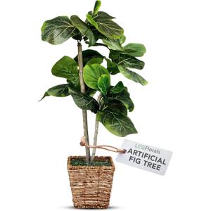 3.2ft Artificial Fiddle Leaf Fig Tree in Woven Basket - Real Wood Trunk, Preassembled, No Maintenance Indoor Faux Plant - Living Room, Home & Office Decor (Different Pot)