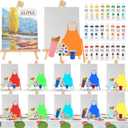 217 Pcs Art Painting Kit Supplies Set for Kids to Party - 120 Paint Brushes, 24 Acrylic Paints, 12 Wood Easels & Canvas Panels & Palettes & Aprons & Wash Pen Cup, 1 Plastic Tablecloth