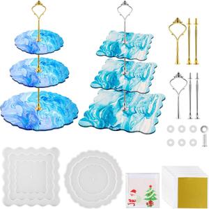 2 Pack 3 Tier Cake Stand, Silicone Cake Tray Mold with 6Pcs Crown Brackets and 10 Gold Foils, DIY Resin Casting Mold for Making Dessert Platter, Serving Stand (Round+Square)