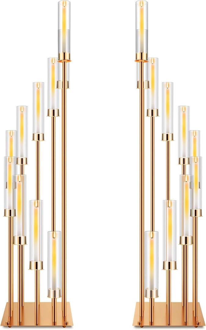Baquler 2 Pack 10 Arms Wedding Candelabras Centerpiece,50 Inches Tall Floor Standing Candle Holders with Clear Acrylic Shades, Silver Gold Candelabra for LED Candles Bridal Shower Party Decor(Gold)