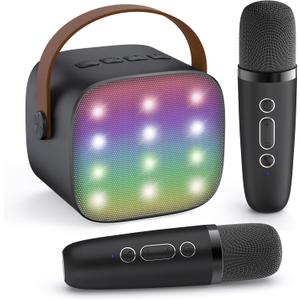 YLL Mini Karaoke Machine for Kids Adults, Birthday Gifts for Boys 3, 4, 5, 6, 7, 8, 9+ Years Old, Portable Bluetooth Speaker with 2 Rechargeable Wireless Microphones Family Home Party (Black)