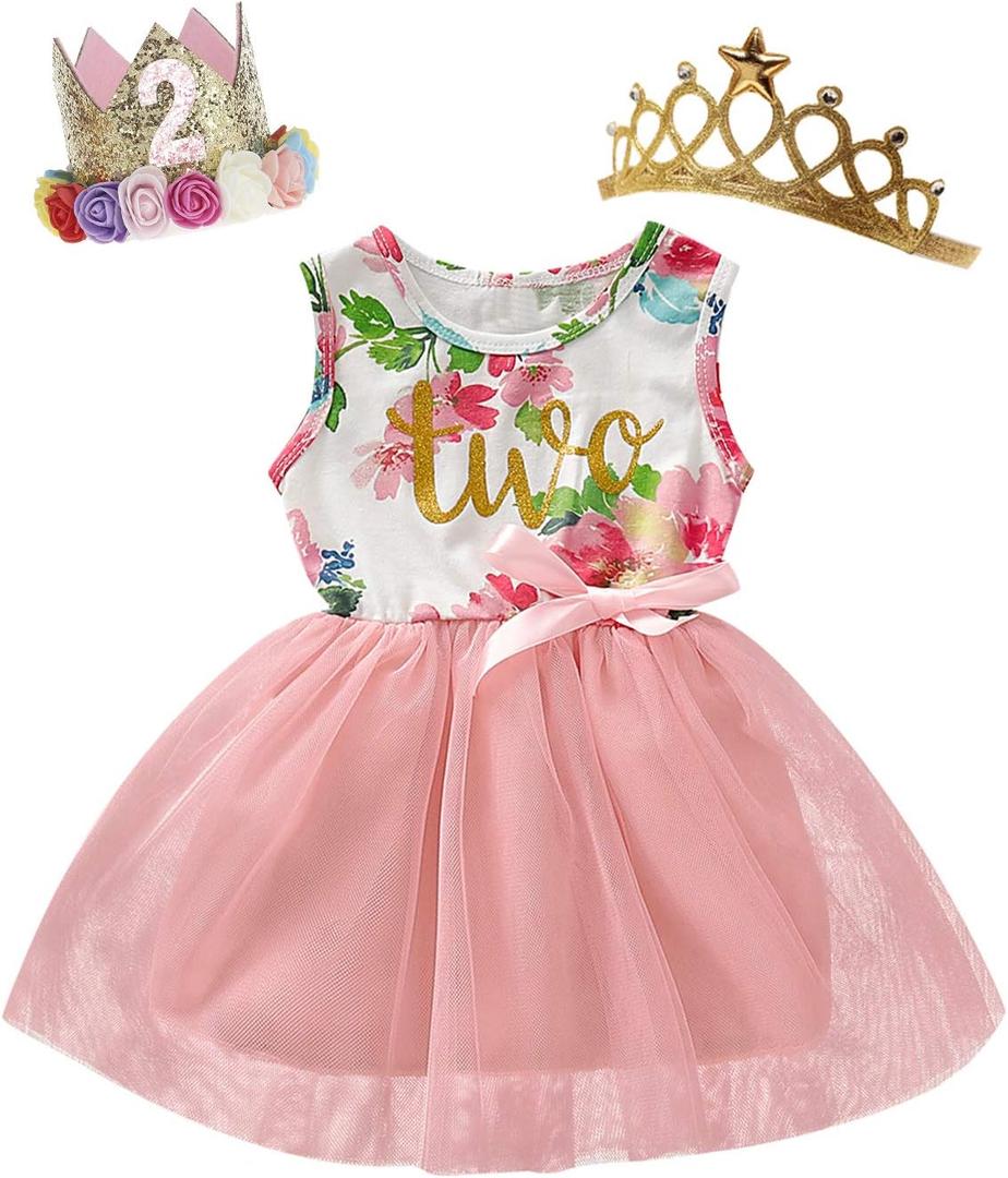 BIRTHDAY SHARK Baby Girl Two Year Old Birthday Outfits Toddler 2nd Birthday Dress Set (2T, Pink)