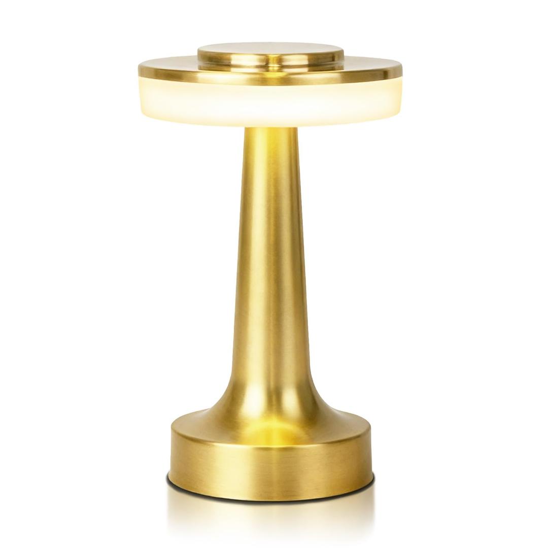 JHPGEOE Cordless Metal Desk Lamp, Touch Sensor Control LED Table lamp,3 Color Stepless Dimmable Battery Powered Lamp for Living Room, Dorm, Home Office(Light Gold)