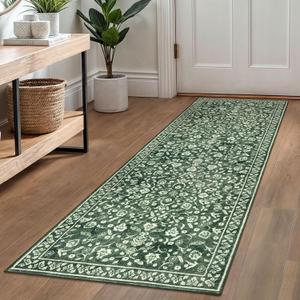 Vintage Washable Runner Rug 2x6, Green Runners for hallways, Super Soft Kitchen Runner Rug Non Slip, Printed Faux Wool Floral Thin Carpet Runner for Entryway Indoor Laundry Room Bedroom