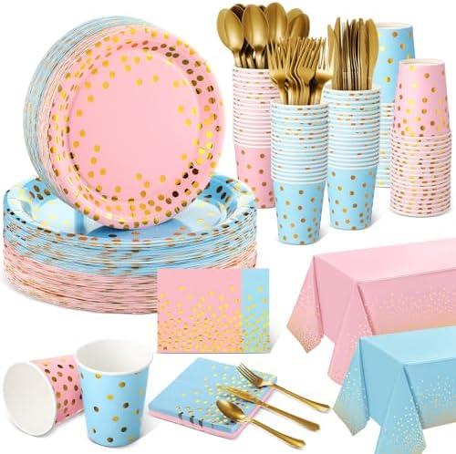 Tegeme 256 Pcs Pink and Blue Gender Reveal Party Supplies Disposable Paper Plate Napkin Cup Gold Dot Plastic Tablecloth Fork Knives Spoon Serve 36 Guest for Easter Baby Shower Birthday Decoration