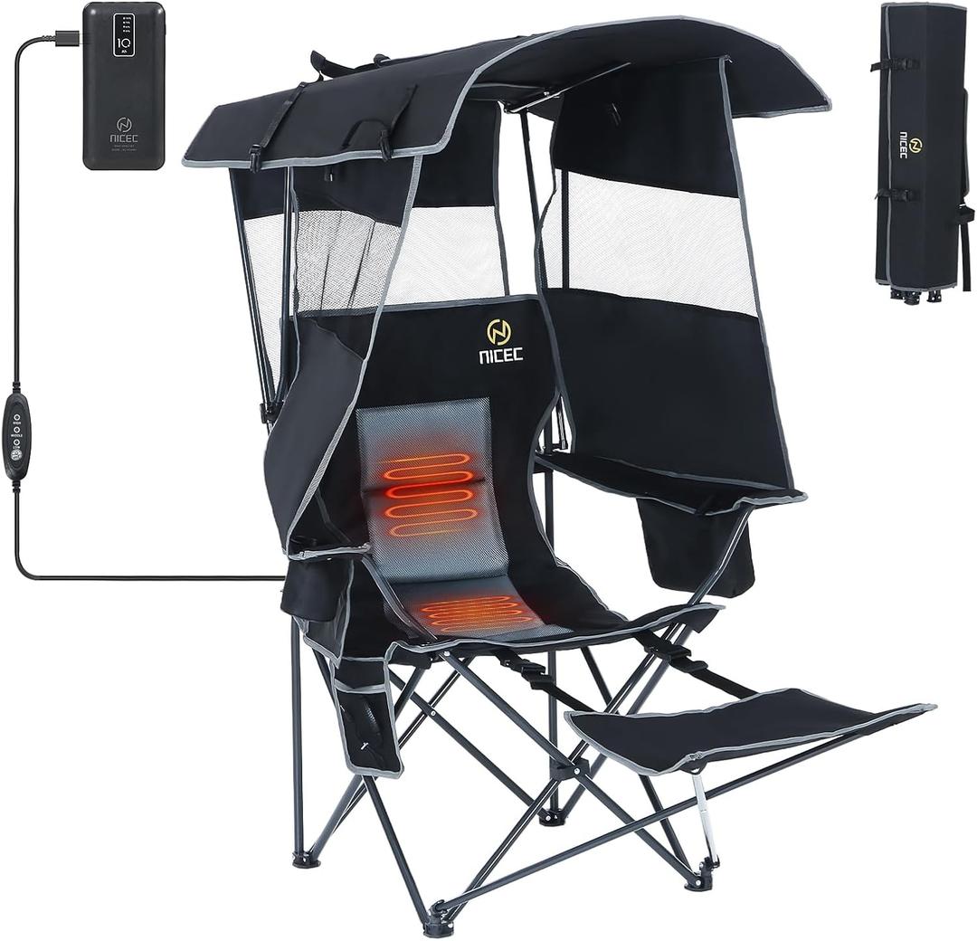Nice C Chair with Canopy, Heated Camping Chair with Battery, Outdoor Sports Chairs with Shade, Heated Folding Umbrella Lawn Chairs, with Removable Footrest (1-Pack)