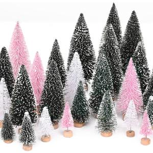 Waipfaru Pink Christmas Decorations, 30 Pcs Mini Bottle Brush Christmas Trees, Miniature Small Pine Trees for Xmas Tabletop Crafts Indoor Table Home Decor (Pink & White)