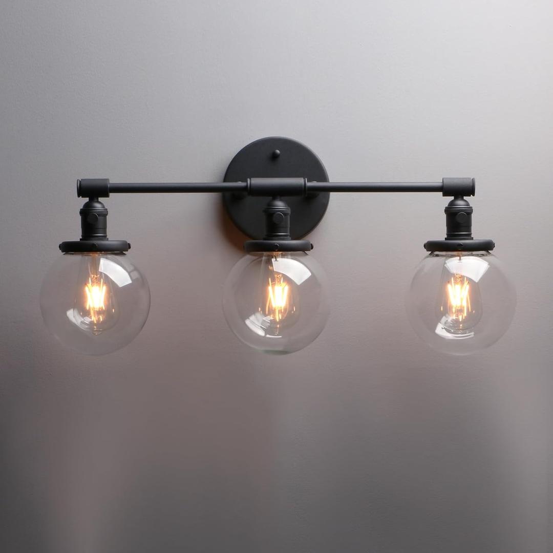 Phansthy 3 Light Wall Sconce Bathroom Vanity Light Black Sconce Light Fixture with 5.6 Inches Round Glass Canopy, Black