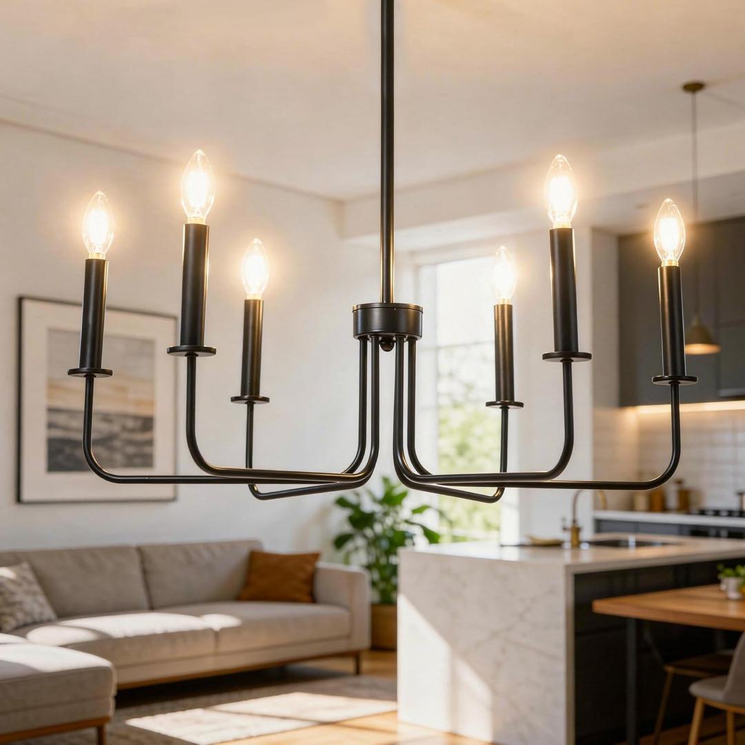 Farmhouse Chandelier, 6-Light Metal Hanging Ceiling Light Fixture for Dining Room, Kitchen Island, Living Room, Entryway, Foyer-Matte Black