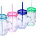 Plastic Mason Jars with Handles, Lids and Straws | 20 oz Double Insulated Tumbler with Straw | 4 Pack Set of 4 | Wide Mouth Mason Jar Mugs | Cups for Kids and Adults