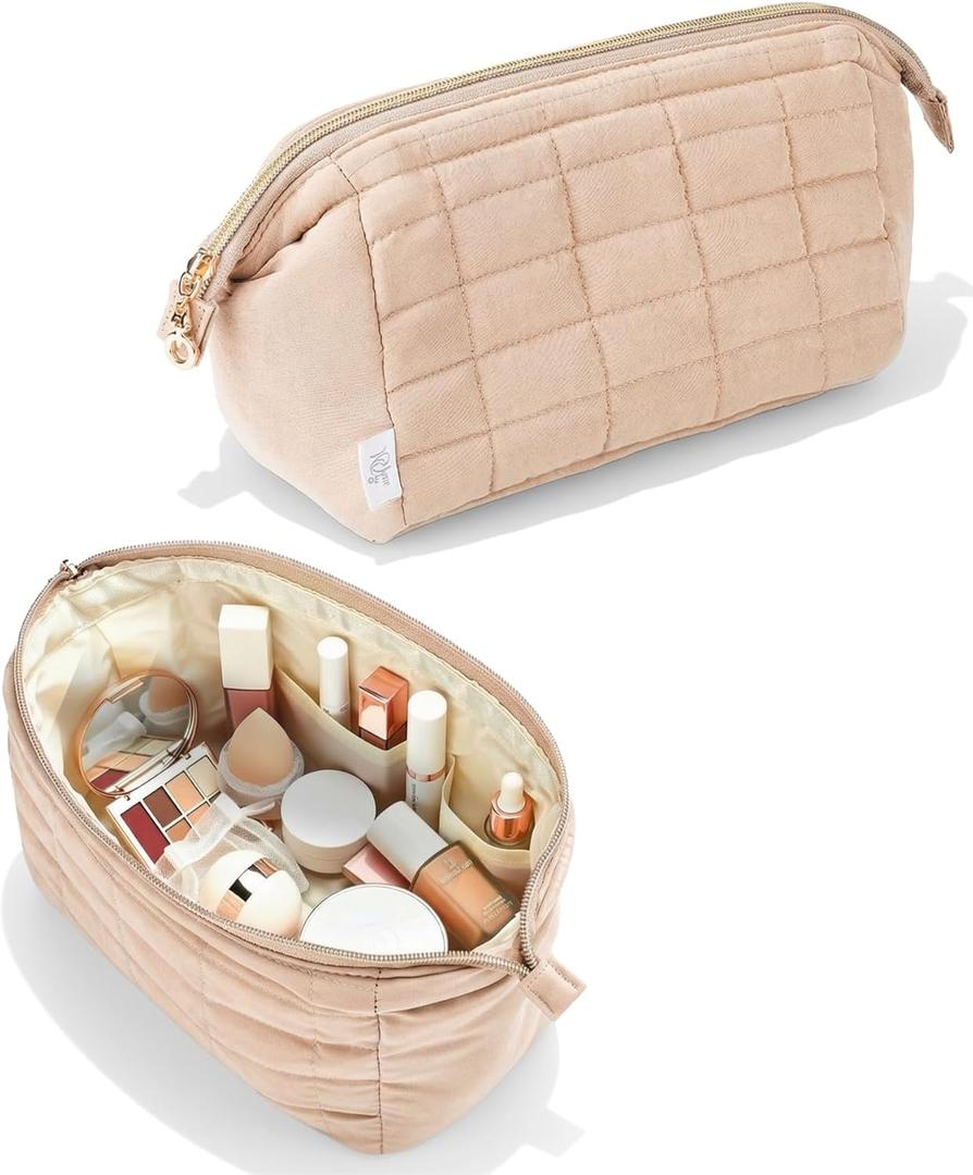 Ms. Pen- Aesthetic Quilted Makeup Bag for Women, Beige, Puffy Padded Cute Makeup Bag Cute, Cosmetic Pouch, Quilted Pouch