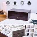 Wooden Jewelry Box with Drawer, Medium Size Real Natural Solid Wood, 2-Layer Vintage Organizer with Earring Storage, Ring Compartments, Necklace Hooks, ek15-m-dark