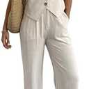 Women's 2 Piece Outfits Linen Vest Waistcoat Dressy Casual Sets Wide Leg Pants Suits, Size L