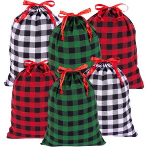 Joycraft 6Pcs Christmas Drawstring Gift Bags - 3 Styles Buffalo Plaid Bags, Cotton Cloth Wrapping Sacks, Pouches for Gift Box, Doll, Toy, Large Xmas Presents (Red- Black + Green-Black + Black-White)