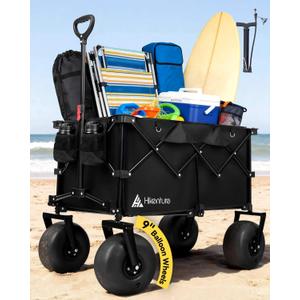 Hikenture Beach Wagon with Balloon Wheels, 9" PU Tires Collapsible Wagon, 440lbs Heavy Duty Beach Cart with Big Wheels for Sand, Large Capacity Utility Wagons Carts (Black)