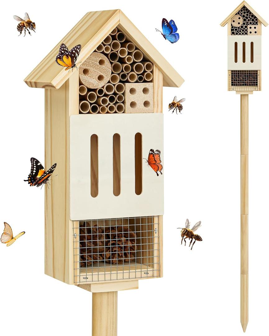 Bee House Bug Hotel & Butterfly House with Stake, Handcrafted Wooden Ladybug Hotel, Natural Insect Habitat for Garden, Patio, or Yard, Attracts Pollinators, 10.4 x 5.5 x 3.2 Inches,25 inches Stake