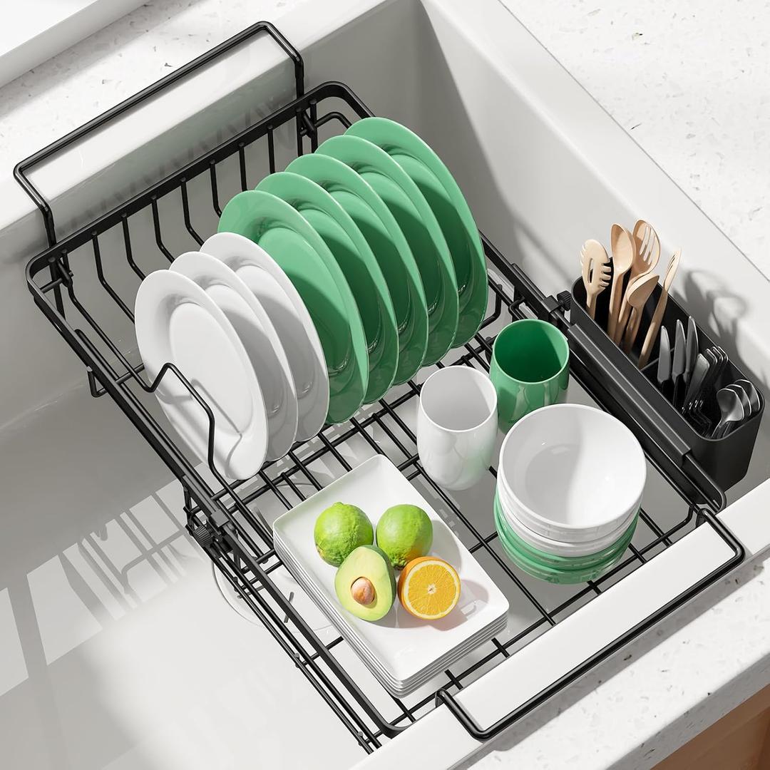 Kitsure Dish Drying Rack  Expandable in-Sink or Over-Sink Dish Rack for Kitchen Counter, Rust-Resistant Metal Dish Strainer with Cutlery Holder, 10.82"-17.12" L x 11.02" W x 3.93" H, Black