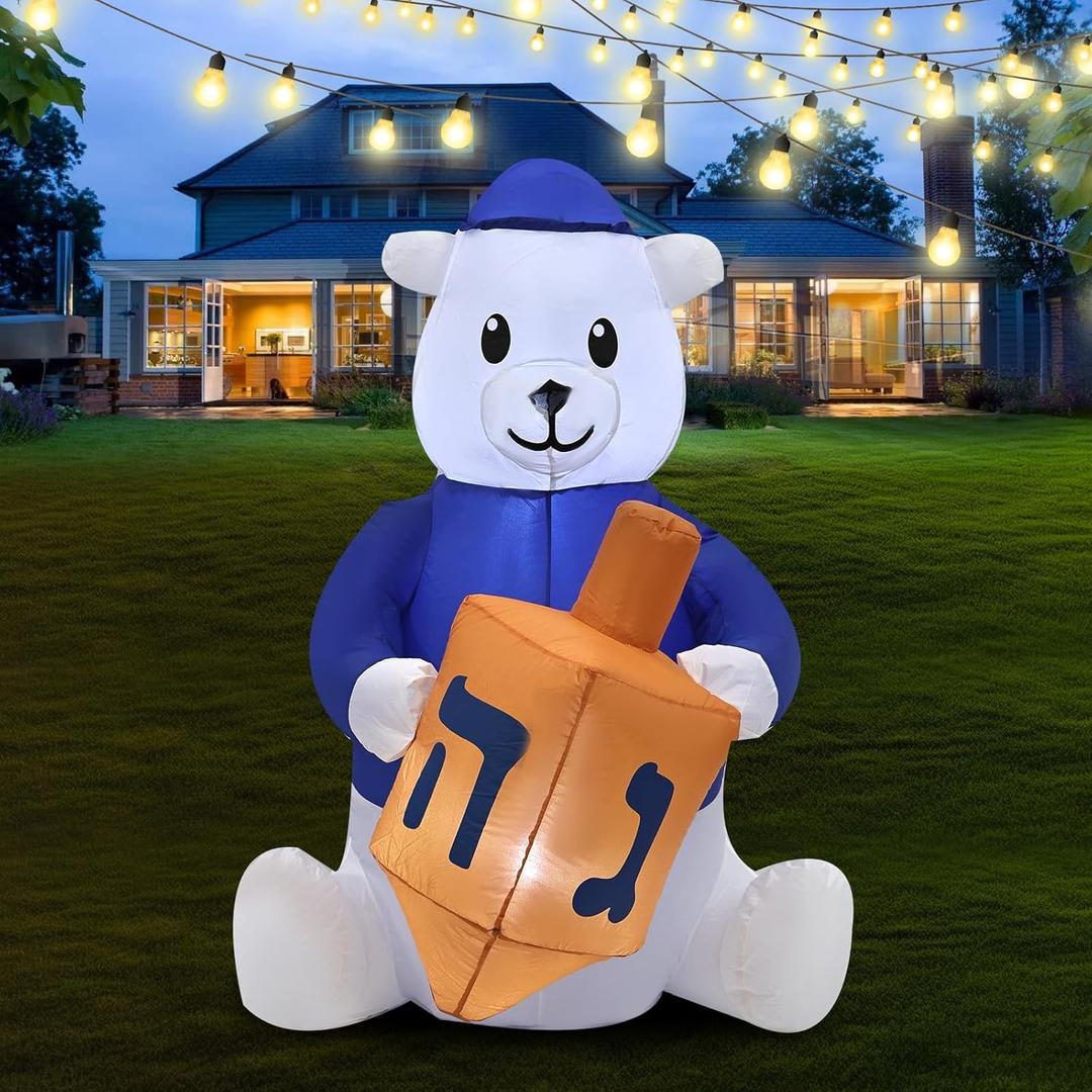 HZGDEJTG 4ft Inflatable Outdoor Decorations - Hanukkah Bear Inflatable Patio Decorations with LED Lights