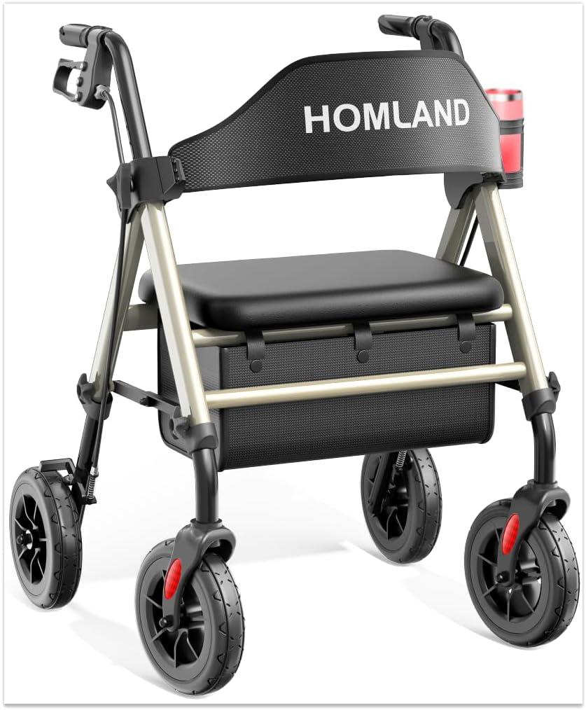 Walkers for Seniors with Seat, Foldable Rollator Walker, Reinforced Aluminum Frame, 8" Big Rubber Wheels for All Terrain, Height Adjustable Lightweight Rolling Walker, Light Gold (400 Pound)