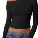 QINSEN Women Long Sleeve Off Shoulder Tops Trendy Double Lined Going Out Shirt for Fall (Medium, Black)