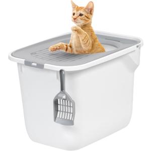 IRIS USA Cat Litter Box, Large Cat Box Enclosure, Top Entry with Litter Catching Lid, Enclosed with Scoop, White/Gray