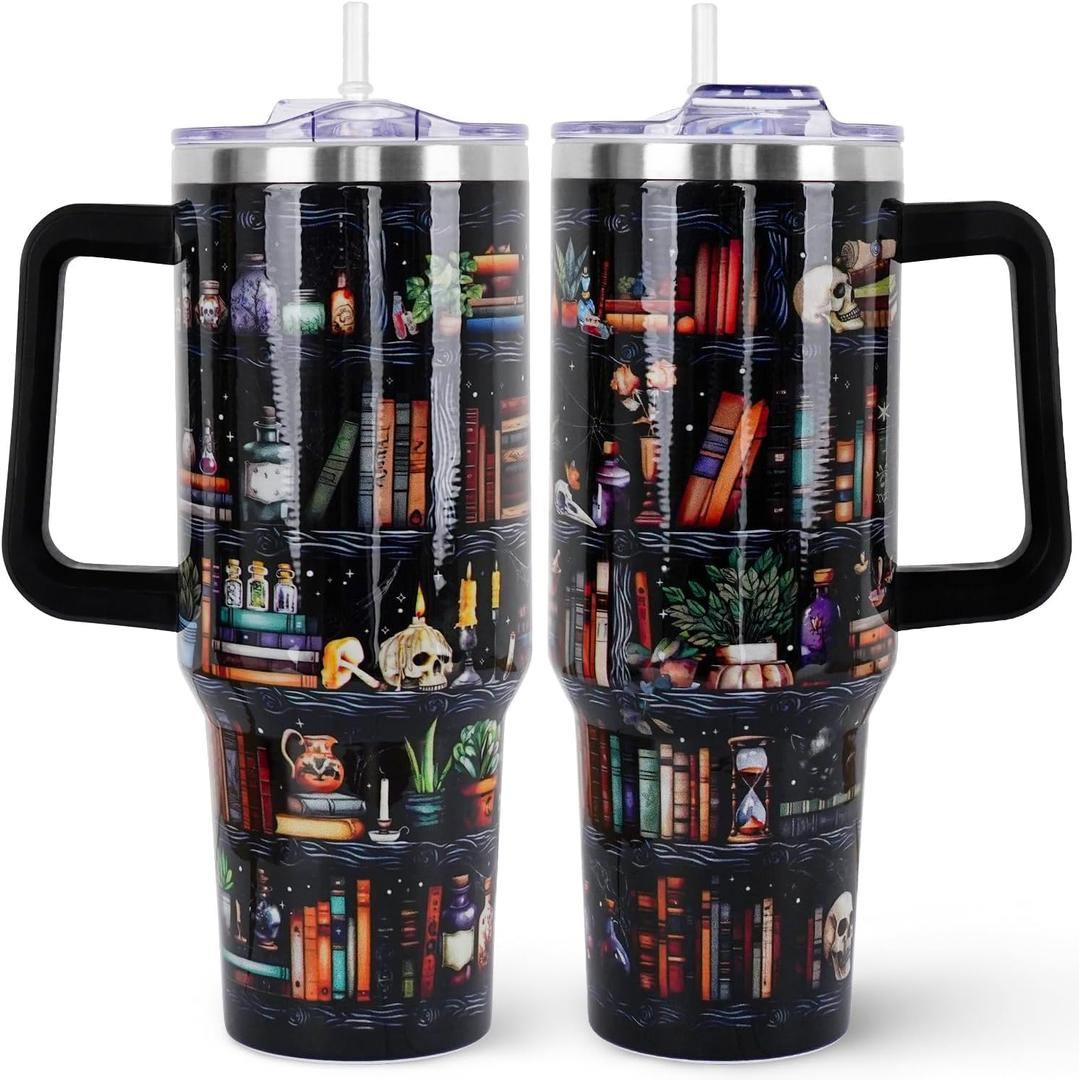 Book Lovers Gifts 40oz Tumbler with Handle and Straw Lid,Vacuum Insulated Leak Proof Tumbler bookish gifts for Women Readers Librarian,Book Accessories Stainless Steel Travel Mug,Skull Bookshelf