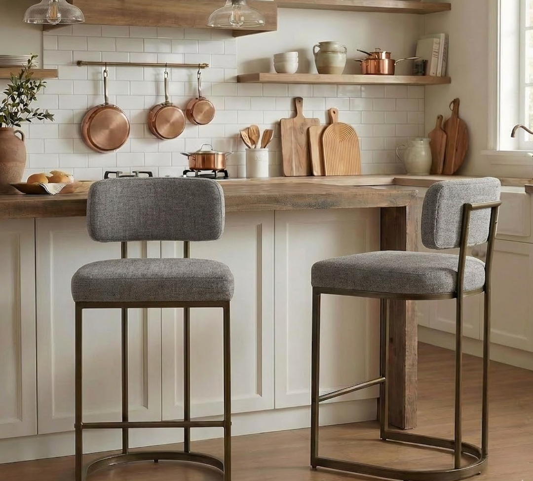 26" H Counter Height Bar Stools Set of 2, Modern Linen Fabric Upholstered Barstools with Backrest for Kitchen Island, Black and Brown Metal Frames