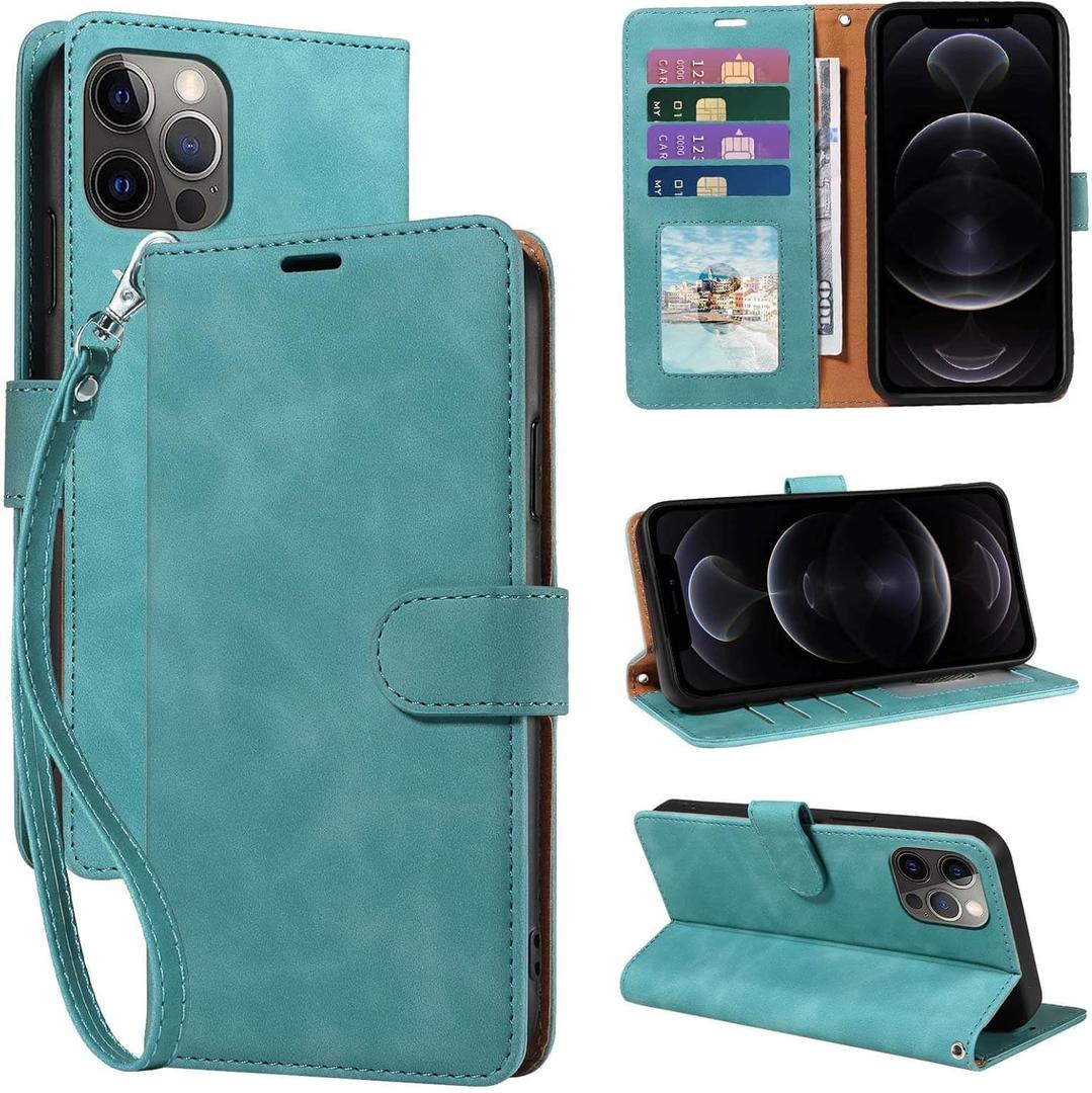 for iPhone 12 Case Wallet, for iPhone 12 Pro Case, [RFID Blocking 4 Card Slots] [Kickstand] [Wrist Strap] [Magnetic Closure] Soft PU Leather Shockproof Protective Flip Cover (Green)