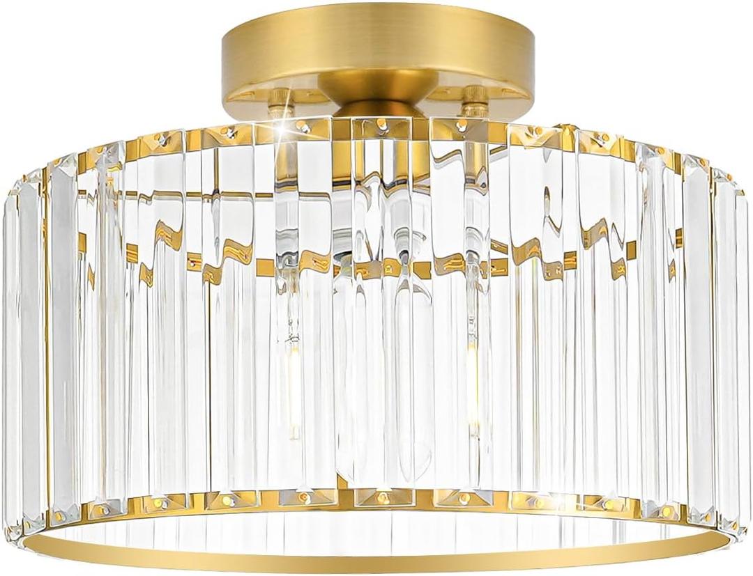 Crystal Ceiling Light Fixture, Modern Semi Flush Mount Ceiling Light, Gold Hallway Lighting Fixtures Chandelier for Kitchen, Close To Ceiling Light Fixtures for Entryway Bedroom, 1-Light, 11Inch
