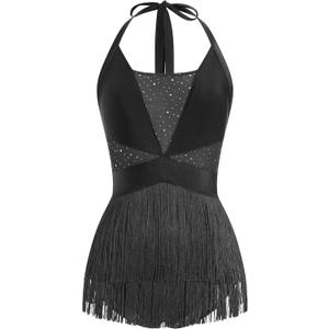 Rhinestone Fringe Bodysuit Women Tassel Latin Jazz Dance Costume Leotard Trapeze Artist Acrobat Costume Festival Rave Outfits (Black, XS)