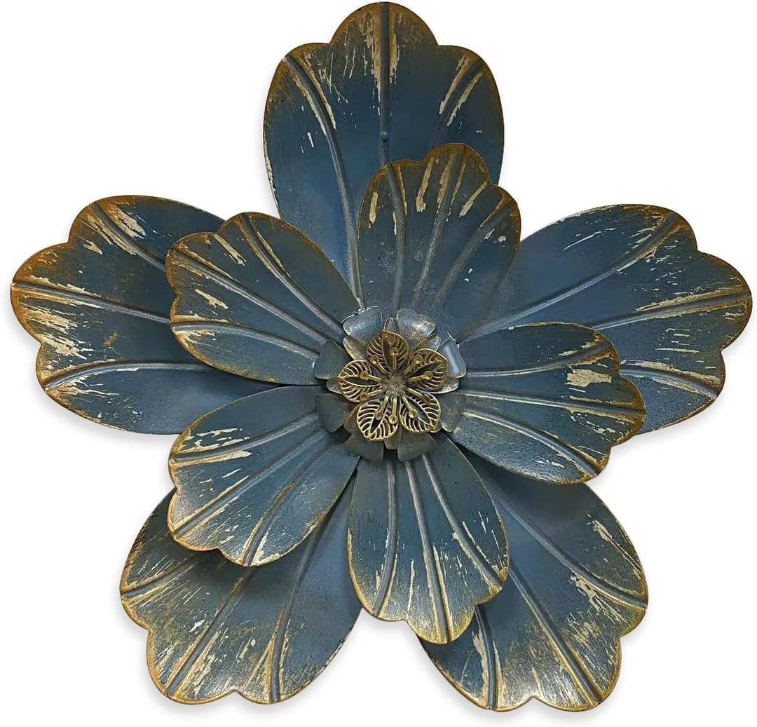 Metal Flower Wall Sculpture, 9.5" Rustic Modern Floral Artwork, Distressed 3D Layered Vintage Iron Flower Wall Hanging Accent for Indoor Kitchen, Bedroom Living Room Office Outdoor Garden Patio Decor (Retro blue)