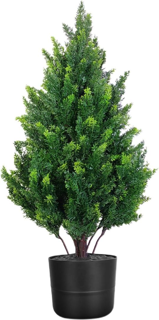 2.3FT Artificial Cedar Topiary Tree Outdoor, Realistic Fake Cypress Tree with Pot, UV Resistant Faux Greenery Shrubs Bushes, Plants for Front Door Porch Offices Home Indoor Spring Decor