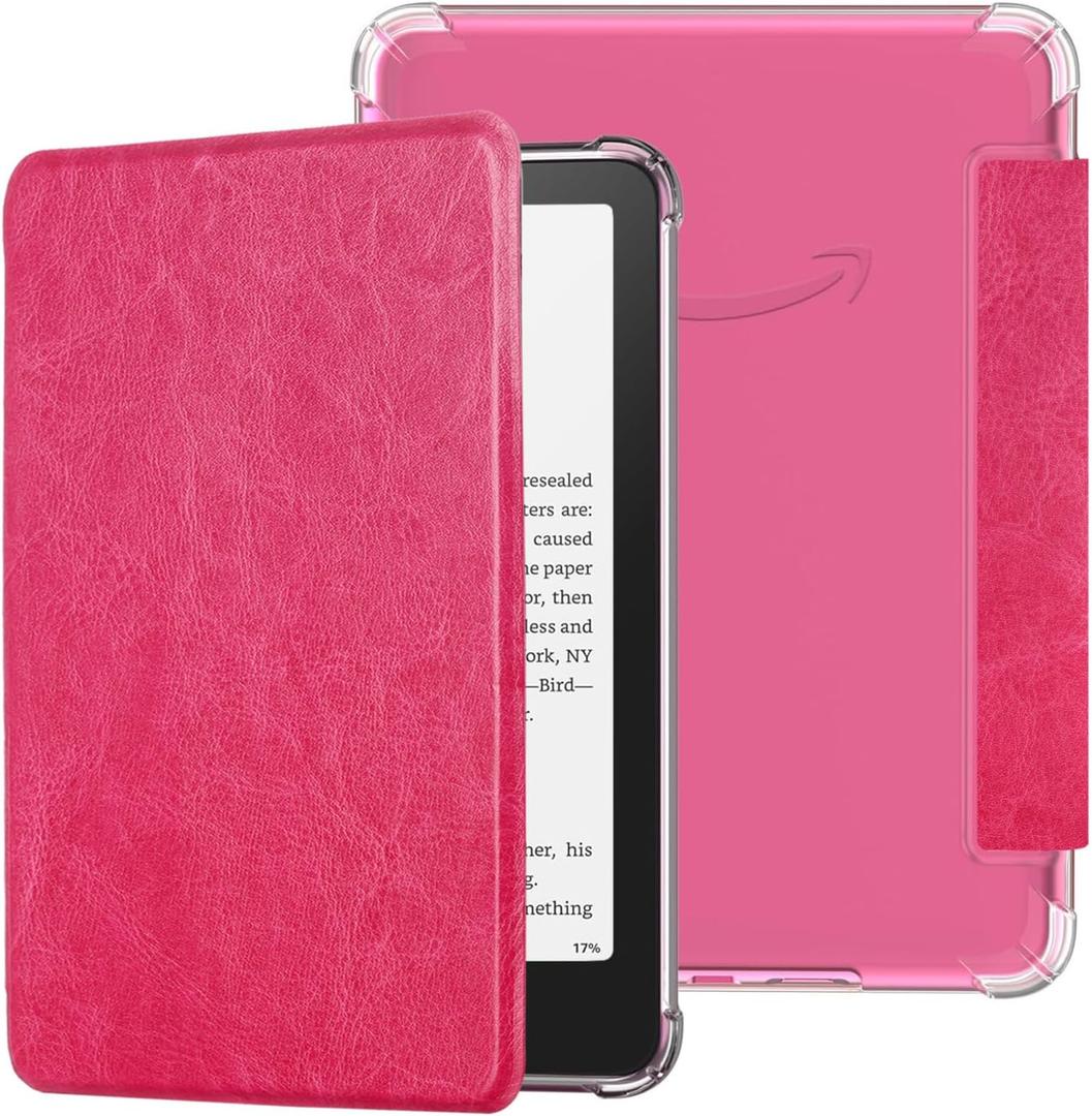 Case for 7" Kindle Paperwhite 12th Generation and Kindle Colorsoft Signature Edition 2024 Released - Light Durable PU Leather Cover and Clear Soft TPU Back Cover with Auto Wake/Sleep, Rose Red