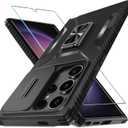 for Samsung Galaxy S25 Ultra Case with Tempered Glass Screen Protector and Camera Lens Cover,Rotated Ring Stable Kickstand,Heavy Duty Shockproof Protective Phone Cover-Black