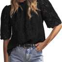 PRETTYGARDEN Summer Tops for Women 2026 Short Sleeve Embroidered Eyelet Shirts Dressy Casual Blouses Spring Fashion Clothes (Black, L)