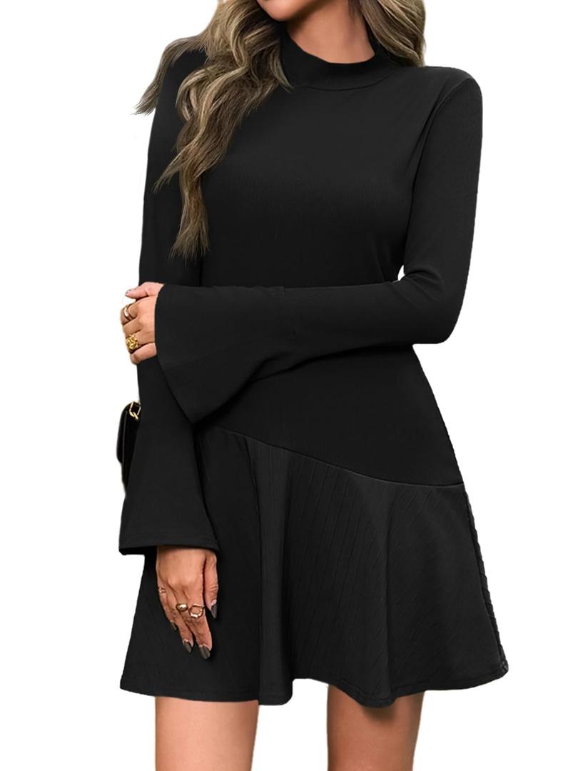Wenrine Womens Bell Long Sleeve Ribbed Knit Dress Casual Mock Neck Drop Waist Slim Fit Fall Mini Dresses Pea Green
