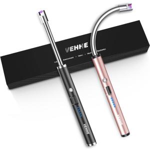 VEHHE Candle Lighter, 2 Pack Rechargeable Electric Lighter with LED Battery Display Safety Switch, Flexible Neck USB Lighters for Candles Camping Grill Gas Stoves Cooking (Black & Pink)