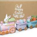 Hodao Easter Bunny Train Figurine, Woven Look Spring Table Decor with Eggs and Carrots, Bamboo-Style Easter Decoration for Home, Mantel, Shelf & Farmhouse Spring Display (Multicolor-3)