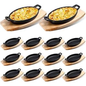 Mifoci 12 Sets Cast Iron Skillet with Wooden Base Mini Cast Iron Fajita Bowls Oval Dish Tray Serving Sizzling Plate for Baking Roasting Cooking Kitchen Restaurant,8.7 x 4.7 x 1.6 Inch
