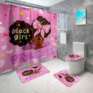 African American Bathroom Set - Black Girl Shower Curtain Rugs Toilet Lid Cover and U Shape Mat 4PCS Decor Bath Sets with 12 Hooks, 70"x70"