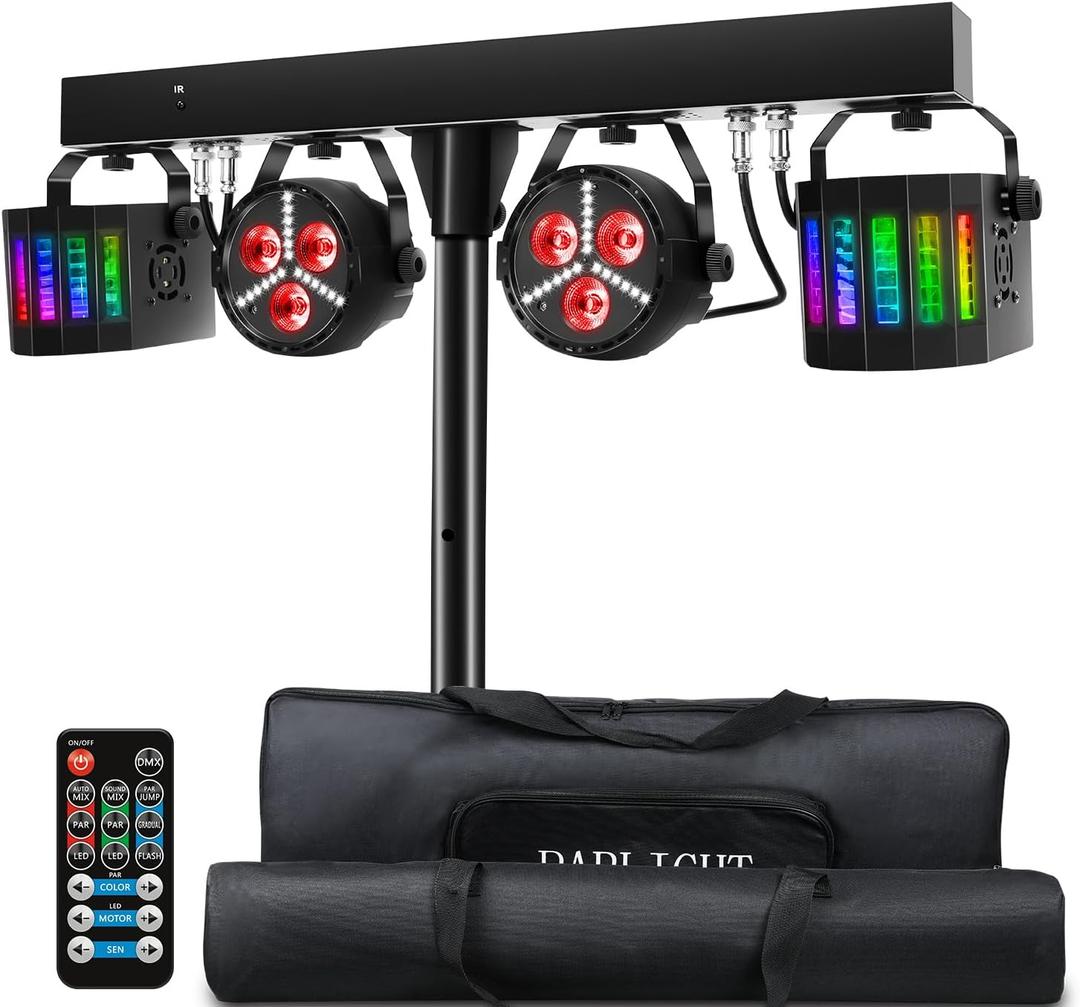 DJ Lighting Packages with Carry Bag, DJ Lights with Stand (7.5Ft) Sound Activated, DMX & Remote Control, Mobile Gig Light LED Party Bar Lighting System for Band, Booth, Stage, Wedding, Events