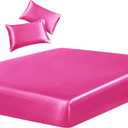 SiinvdaBZX 3-Piece Set Satin Twin Fitted Sheet & 2 Pillowcase, Hot Pink Silky Soft Fitted Bottom Sheet, Wrinkle Free, Fade Resistant, Deep Pocket Bed Sheet (Deep Up to 15")