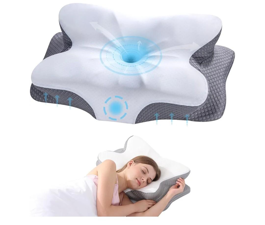 Cervical Neck Pillow - Memory Foam Pillow for Neck Support and Pain Relief, Ergonomic Contour Pillow for Side Back and Stomach Sleepers, Soft and Cooling Ice Silk Washable Pillowcase