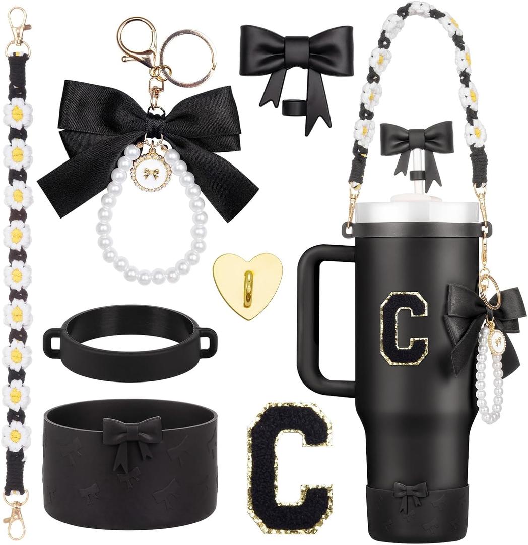 7Pcs Black Stanley Cup Accessories for 40Oz 30Oz 20Oz, Women Teen Girls Gifts, Stanley Tumbler Cup Decoration with Straw Topper, Bow Charm, Silicone Boot, Handle Strap, Letter Sticker C