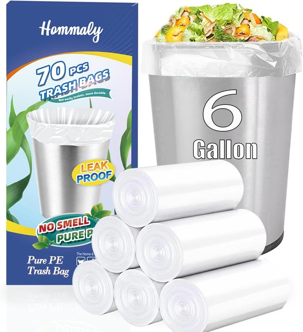 6 Gallon 70 pcs Clear Trash Bags Strong Clear Garbage Bags, Bathroom Trash Can Bin Liners, Plastic Bags for Office Home Kitchen, Fit 6 gallon,7 gallon Waste Basket Liner 5,6,7 Gal(6G70-Clear)
