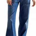 Womens Mid Rise Wide Leg Jeans Casual Baggy Pull-On Jeans Trendy Long Denim Pants with Pockets (Blue, S)