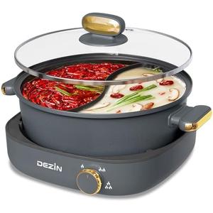 Dezin Hot Pot Electric with Divider, 4L Electric Shabu Shabu with Dual-Flavor Pot,3.7" Depth Nonstick Dual Side with Multi-Power Control for Party, Family and Friend Gathering